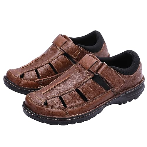 Harssidanzar Herren geschlossene Zehen Sandalen,echtes Leder bequeme justierbare Fischer Strand Sandalen Schuhe für Outdoor Walking Fahren KM227EU,Cognac, Größe 45 von Harssidanzar