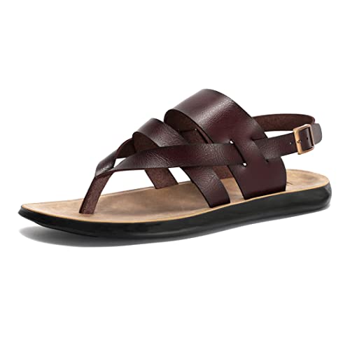 Harssidanzar Herren sandalen, Sommer bequemeverstellbare Knöchelriemen flache Slip On Sandalen für Herren KM218EU,Sattel, Größe 40 von Harssidanzar