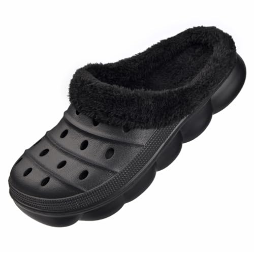 Harssidanzar Herren und Damen gefütterte Clogs, Unisex Winter Fleece Atmungsaktive Walking Garten Schuhe Warme rutschfeste Slipper Schuhe HU203EU,Schwarz,Größe 40 von Harssidanzar