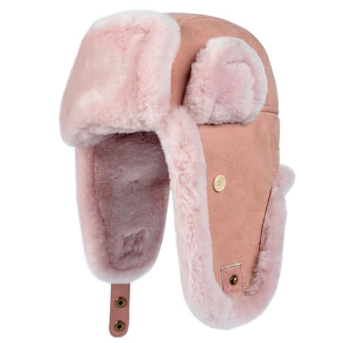 Harssidanzar Lammfell Shearling Wintermütze für Herren und Damen Echtes Leder Trappermütze Fliegermütze Aviatormütze Hut mit Ohrenklappen CU603EU, Rosa, Größe S von Harssidanzar