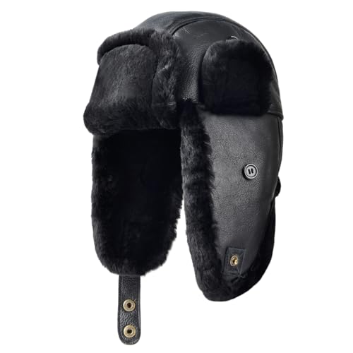 Harssidanzar Lammfell Shearling Wintermütze für Herren und Damen Echtes Leder Trappermütze Fliegermütze Aviatormütze Hut mit Ohrenklappen CU603EU, Vollschwarz,Größe M von Harssidanzar