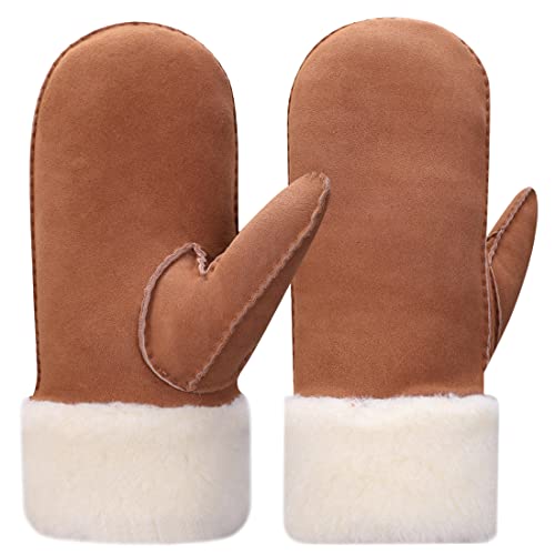 Harssidanzar Leder Fäustlinge,Damen Winter Schaffell Lammfell beheizte warme pelzige Stulpenhandschuhe Lederhandschuhe KL024EU,Kamel, Größe XL von Harssidanzar