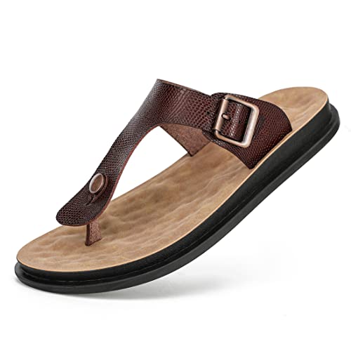 Harssidanzar Leder Flip Flops Zehentrenner, Fußgewölbestütze orthopädisches Fußbett mit weichem Kissen bequem flach für drinnen und draußen StrandZehentrenner für Herren,Schlangensattel,42 von Harssidanzar