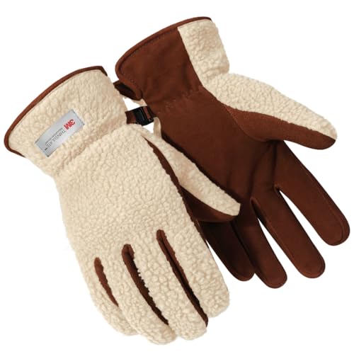 Harssidanzar Leder Winterhandschuhe Für Herren Schafsfell Wildleder Outdoor Schnee Ski Thermal Fleece und Thinsulate Gefüttert Weich SM041EU,Beige/Hellbraun, Größe M von Harssidanzar