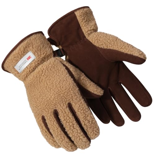 Harssidanzar Leder Winterhandschuhe Für Herren Schafsfell Wildleder Outdoor Schnee Ski Thermal Fleece und Thinsulate Gefüttert Weich SM041EU,Kamel/Dunkelbraun,Größe XL von Harssidanzar