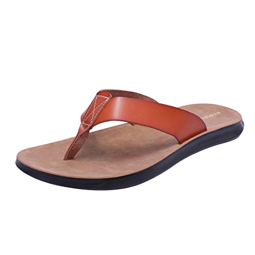 Harssidanzar Leder Zehentrenner, Herren Sommer Zapfen Sandalen Bogenstütze weiches Mikrofaser Leder Fußbett Strandsandalen Schuhe KM215,Cognac, Größe 41 von Harssidanzar