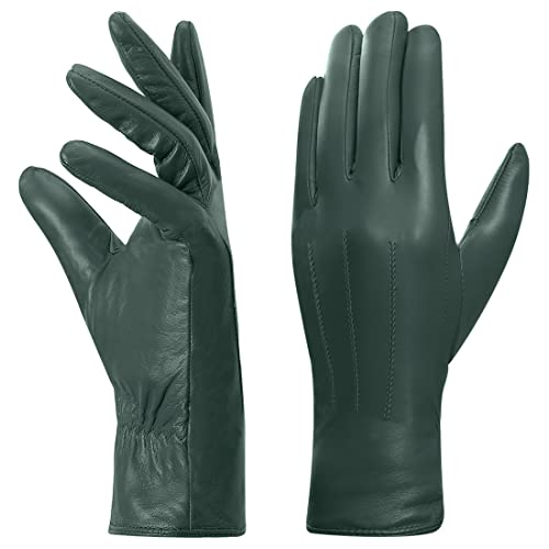 Harssidanzar Leder handschuhe Damen, Winter Warm Fleecefutter Touchscreen Vintage Finished GL018EU,Jägergrün,Größe S von Harssidanzar