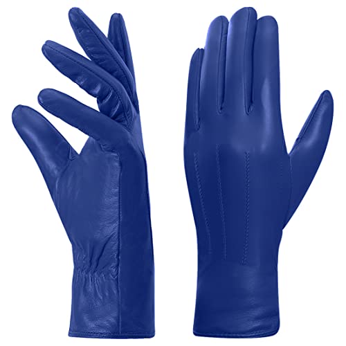 Harssidanzar Leder handschuhe für Damen, Winter Warm Fleecefutter Touchscreen Vintage Finished GL018EU,Blau,Größe S von Harssidanzar