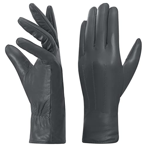 Harssidanzar Leder handschuhe für Damen, Winter Warm Fleecefutter Touchscreen Vintage Finished GL018EU,Grau,Größe M von Harssidanzar