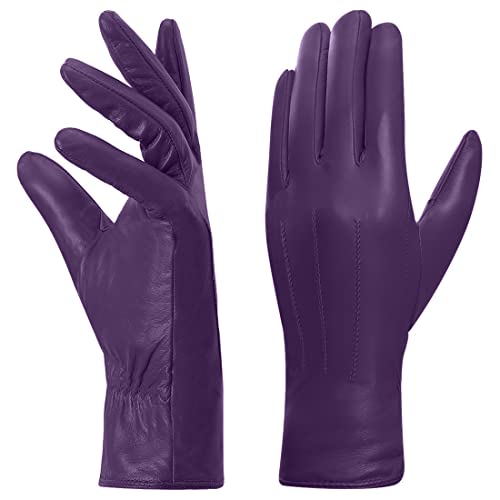 Harssidanzar Leder handschuhe für Damen, Winter Warm Fleecefutter Touchscreen Vintage Finished GL018EU,Lila, Größe L von Harssidanzar