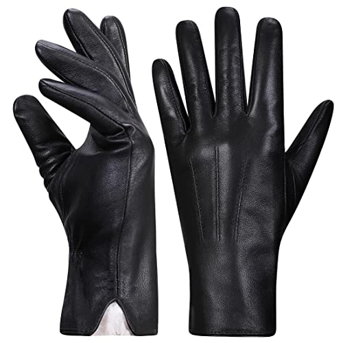 Harssidanzar Leder handschuhe für Damen,Winter Kaninchenfell gefütterte weiche Echtlederhandschuhe KL027EU,Schwarz, Größe M von Harssidanzar