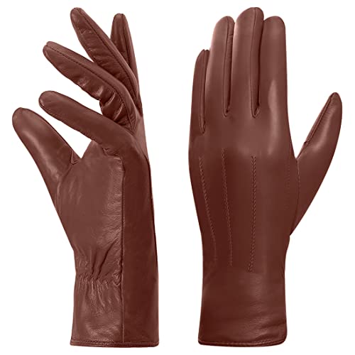 Harssidanzar Leder handschuhe für Damen,Winter Warm Fleecefutter Touchscreen Vintage Finished GL018EU,Cognac,Größe L von Harssidanzar