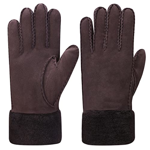 Harssidanzar Lederhandschuh für Frauen,Winter kaltes Wetter Schaffell Shearling beheizte warme pelzige Stulpenhandschuhe KL023EU,Braun,Größe S von Harssidanzar