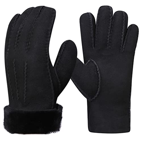 Harssidanzar Lederhandschuhe Damen,Wildleder Lammfell dicke Wolle gefüttert beheizt Warm Winter kaltes Wetter Kleid Fahrhandschuhe KL025EU,Schwarz,Größe XL von Harssidanzar