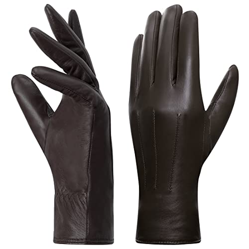 Harssidanzar Lederhandschuhe für Damen, Winter Warm Fleecefutter Touchscreen Vintage Finished GL018EU,Braun, Größe S von Harssidanzar