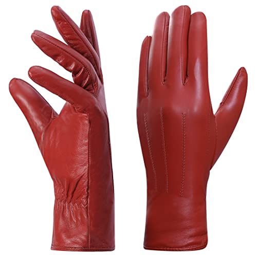 Harssidanzar Lederhandschuhe für Damen, Winter Warm Fleecefutter Touchscreen Vintage Finished GL018EU,Rot,Größe S von Harssidanzar
