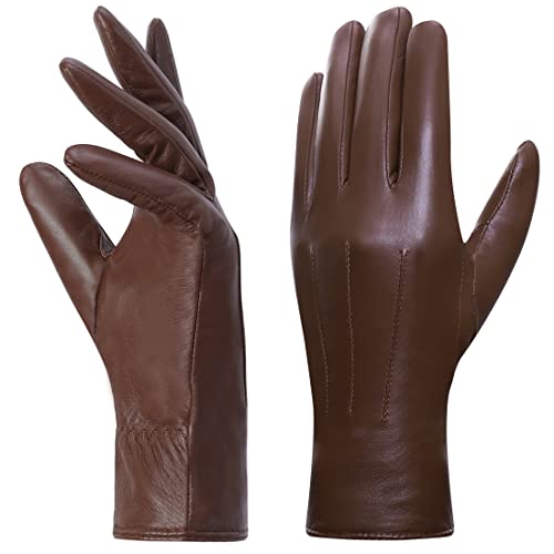 Harssidanzar Lederhandschuhe für Damen, Winter Warm Fleecefutter Touchscreen Vintage Finished GL018EU,Satte,Größe M von Harssidanzar