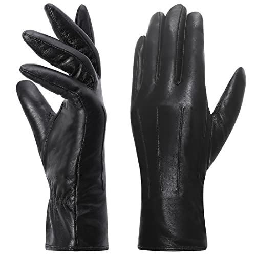 Harssidanzar Lederhandschuhe für Damen, Winter Warm Fleecefutter Touchscreen Vintage Finished GL018EU, Schwarz,größe M von Harssidanzar