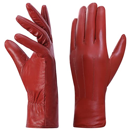 Harssidanzar Lederhandschuhe für Damen,Winter Warm Fleecefutter Touchscreen Vintage Finished GL018EU,Rot,Größe XS von Harssidanzar