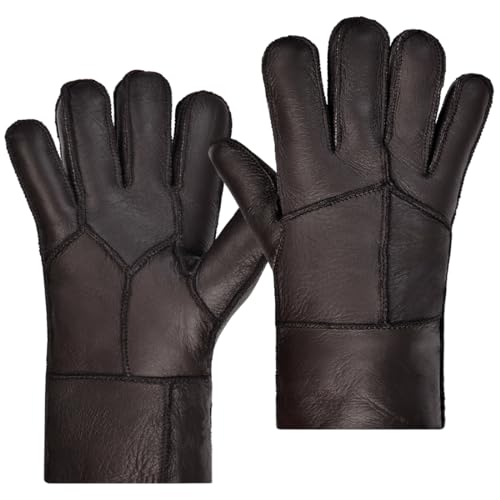 Harssidanzar Männer Shearling Handschuhe,Warme Winter Leder Shearling Schaffell Handschuhe KM056EU,Braun, Größe M von Harssidanzar