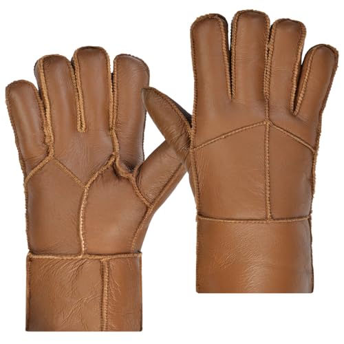 Harssidanzar Männer Shearling Handschuhe,Warme Winter Leder Shearling Schaffell Handschuhe KM056EU,Kaffee,Größe M von Harssidanzar