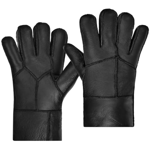 Harssidanzar Männer Shearling Handschuhe,Warme Winter Leder Shearling Schaffell Handschuhe KM056EU,Schwarz,Größe M von Harssidanzar