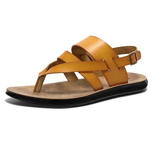 Harssidanzar Sandalen für Herren, Sommer bequemeverstellbare Knöchelriemen flache Slip On Herren Leder sandalen KM218EU,BRÄUNEN,Größe 41 von Harssidanzar