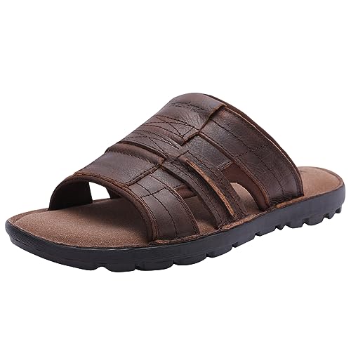 Harssidanzar Slide Sandalen für Männer Leder Bogen Unterstützung Leichte Sommer Herren Sandalen Outdoor Herren Strand Slip auf Sandale KM228EU,Braun,Größe 40 von Harssidanzar