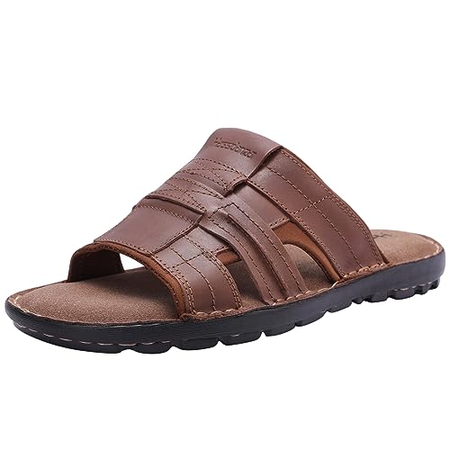 Harssidanzar Slide Sandalen für Männer Leder Bogen Unterstützung Leichte Sommer Herren Sandalen Outdoor Herren Strand Slip auf Sandale KM228EU,Cognac,Größe 41 von Harssidanzar