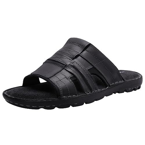 Harssidanzar Slide Sandalen für Männer Leder Bogen Unterstützung Leichte Sommer Herren Sandalen Outdoor Herren Strand Slip auf Sandale KM228EU,Schwarz,Größe 40 von Harssidanzar