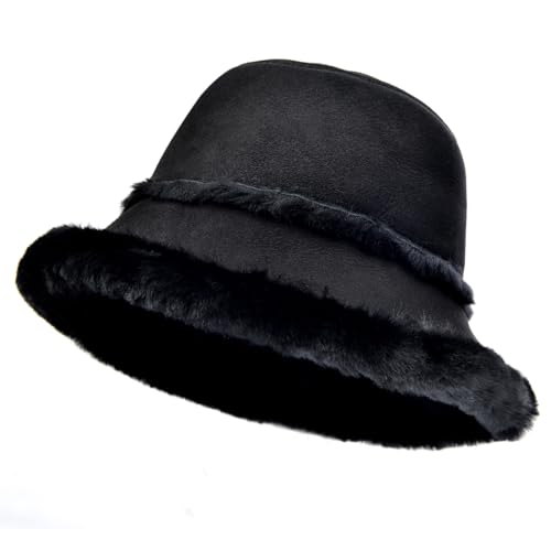 Harssidanzar Winter Fischerhüte für Männer und Frauen Lammfell Shearling Leder Warme Hüte Mützen Caps CU608EU, Schwarz, Größe XL von Harssidanzar