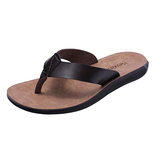 Harssidanzar Zehentrenner Mann für Herren den Sommer Zehenstegsandalen Bogenstütze weiches Mikrofaser-Leder-Fußbett Strandschuhe KM215,Braun,Größe 45 von Harssidanzar