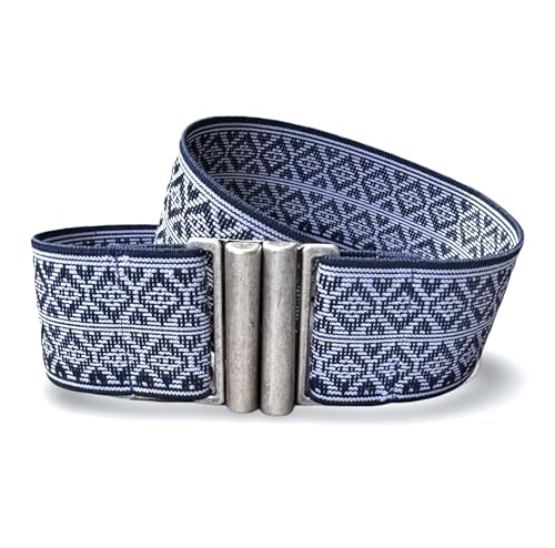 Hartmann-Knöpfe 1 Stück Landhaus Trachten Stretchgürtel 4cm blau grau Muster mit schlichter altsilberfarbener Schnalle (M (gedehnt 87cm)) von Hartmann-Knöpfe