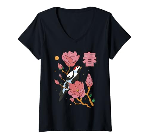 Damen Japanischer Frühlingsvogel und Blüten ästhetisch T-Shirt mit V-Ausschnitt Damen Japanischer Frühlingsvogel und Blüten ästhetisch T-Shirt mit V-Ausschnitt von Haru Bloom Apparel