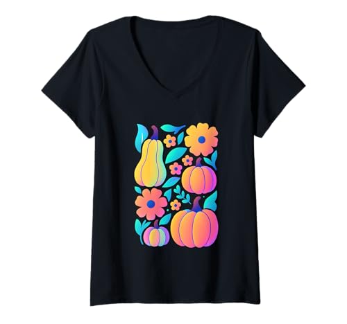 Damen Kürbis- und Blumen-Ernte-Vibes-Design T-Shirt mit V-Ausschnitt Damen Kürbis- und Blumen-Ernte-Vibes-Design T-Shirt mit V-Ausschnitt von Harvest Autumn Pumpkin Floral Festive