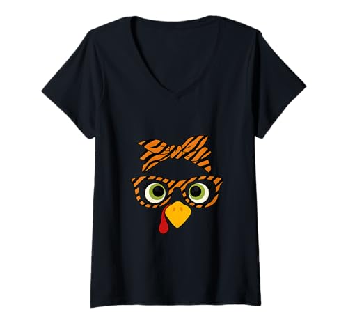 Damen Thanksgiving Truthahn Gesicht Tiger Print Brille Damen T-Shirt mit V-Ausschnitt Damen Thanksgiving Truthahn Gesicht Tiger Print Brille Damen T-Shirt mit V-Ausschnitt von Harvest Chic Apparel