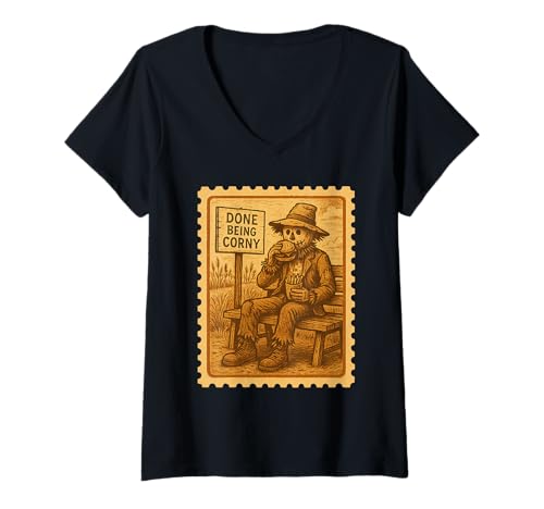 Damen Done Being Corny Funny Vogelscheuche Stempel Design T-Shirt mit V-Ausschnitt Damen Done Being Corny Funny Vogelscheuche Stempel Design T-Shirt mit V-Ausschnitt von Harvest Humor Co.