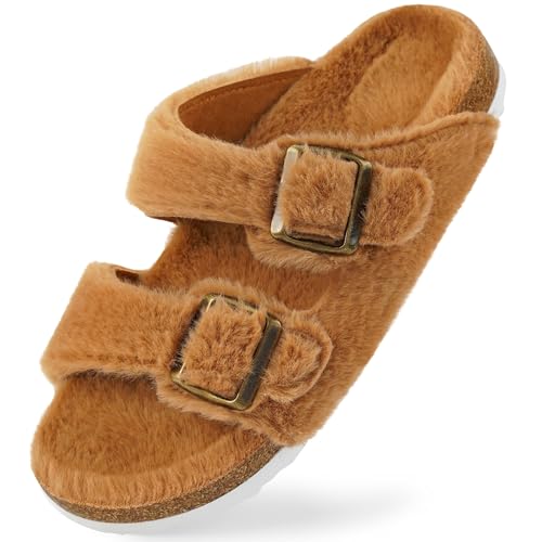 Harvest Land Hausschuhe Damen Plüsch Fell Latschen Warmfutter Pantoffeln Kunstpelz Open Toe Flat Pantolette Outdoor Indoor Slip auf Anti-Rutsch Schlappen für Frauen.Braun Gr.42 von Harvest Land
