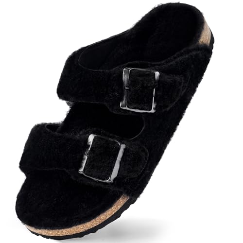 Harvest Land Hausschuhe Damen Plüsch Fell Latschen Warmfutter Pantoffeln Kunstpelz Open Toe Flat Pantolette Outdoor Indoor Slip auf Anti-Rutsch Schlappen für Frauen.Schwarz Gr. 41 von Harvest Land