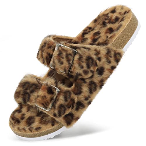 Harvest Land Pantoletten Damen Plüsch Faux Pelz Hausschuhe Kork-Fußbett zwei Verstellbaren Schnallen Open Toe Flats Indoor Outdoor. Leopard Gr.36 von Harvest Land