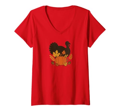 Damen Thanksgiving Truthahn Silhouette Herbst Kürbis T-Shirt mit V-Ausschnitt Damen Thanksgiving Truthahn Silhouette Herbst Kürbis T-Shirt mit V-Ausschnitt von Harvest Season Apparel