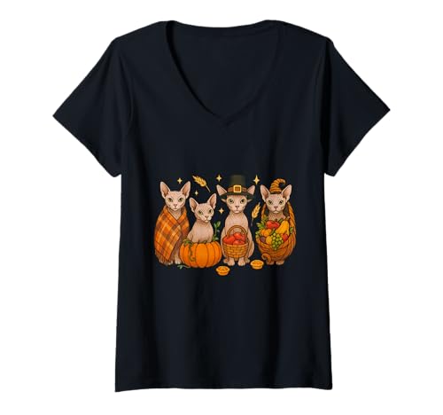 Damen Thanksgiving Sphynx Katze Herbst Ernte Gemütliches Herbst-Design T-Shirt mit V-Ausschnitt Damen Thanksgiving Sphynx Katze Herbst Ernte Gemütliches Herbst-Design T-Shirt mit V-Ausschnitt von Harvest Season Pets