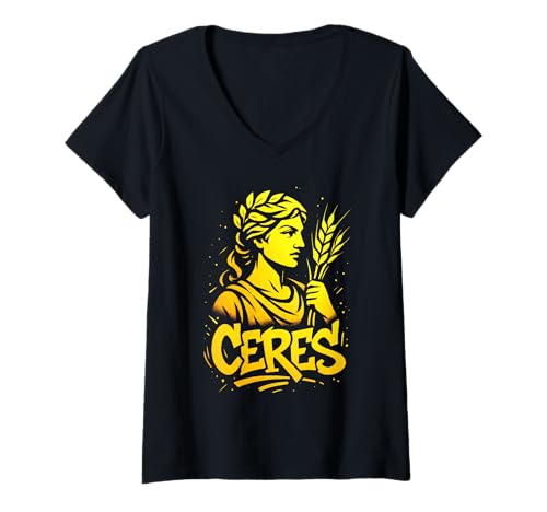 Damen Ceres Graffiti Mythologie Typografie T-Shirt mit V-Ausschnitt Damen Ceres Graffiti Mythologie Typografie T-Shirt mit V-Ausschnitt von Harvest Street