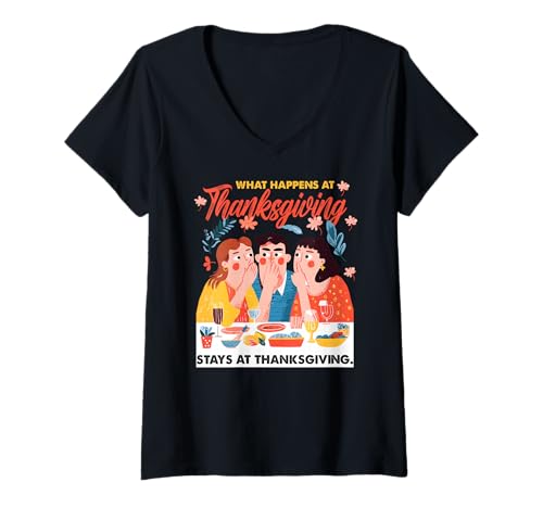 Damen What Happens at Thanksgiving Stays at Thanksgiving T-Shirt mit V-Ausschnitt Damen What Happens at Thanksgiving Stays at Thanksgiving T-Shirt mit V-Ausschnitt von Harvest Thanksgiving Stays Year Harvest Moon