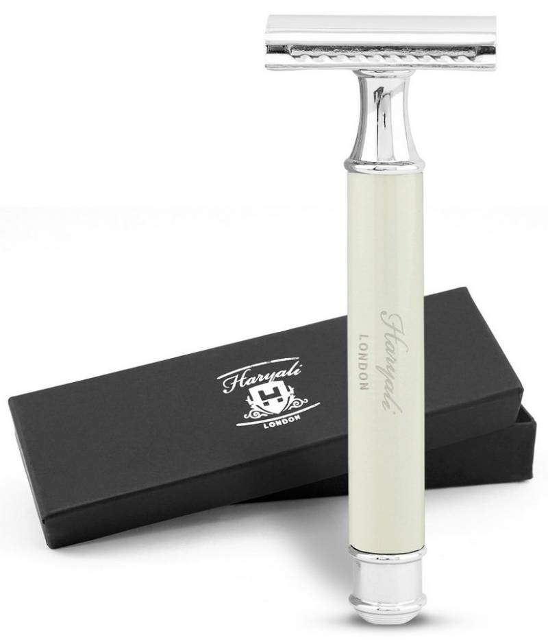 Haryali London Nassrasierer Zweischneidiger Rasierhobel für Damen und Herren, glatter Metallgriff, Packung, Rutschfester Nassrasierer aus hochwertigem Messing Silber, Abwaschbarer, rutschfester glänzender Harzgriff, bestes Rasiererlebnis von Haryali London