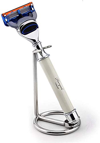 Luxuriöses Set mit 5 kanten Rasiermessern in Elfenbeinfarbe, Edelstahl-Rasierständer klassiker für den Herren von Haryali London