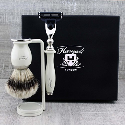 Rasierset für Männer mit Silberspitze Badger Rasierpinsel & Gillette Mach3 Razor (austauschbarer Kopf) & Dual Stand für Razor & Brush - Elfenbeinfarbe - Tolles Geschenk für jeden Gentleman von Haryali London