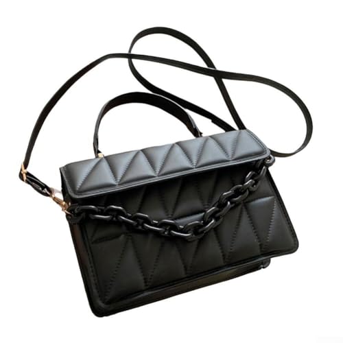 Damen Geprägte PU Leder Gesteppte Plaid Crossbody Kette Tasche Mode Kette Dekor Schultertasche Magnetverschluss Handtasche für den täglichen Gebrauch, Schwarz von Hasaller
