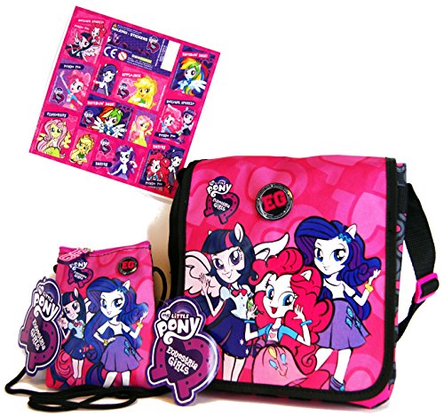 DerForm Hasbro 3 TLG. MLP - Equestria Girls - Super Set - Tasche/Umhängetasche (20 x 20 x 5 cm) + Kinder Geldbeutel/Brustbeutel/Geldbörse (14 x 12 cm) + 12 Equestria Girls Sticker von Hasbro