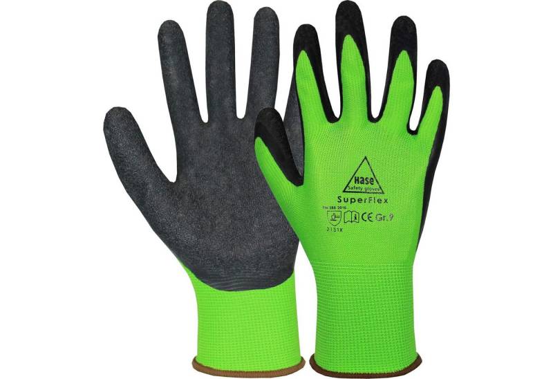 Hase Safety Gloves Arbeitshandschuhe Superflex grün Latexbeschichtung rutschfeste Gartenhandschuhe (10-St., VPE= 10 Paar) Atmungsaktiv/Robust von Hase Safety Gloves